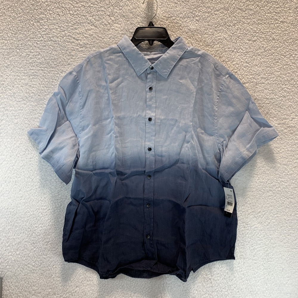 Bloomingdale's Mens Shirt XXL Button Up 100% Linen Blue Ombre Short Sleeve Beach